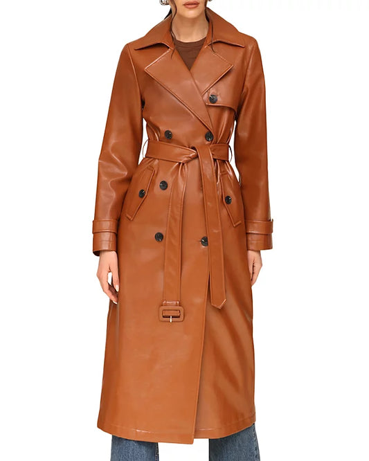 Caramel Color Faux Leather Trench Coat