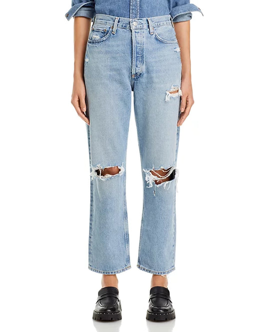Ripped High Rise Straight Jeans in Threadbare